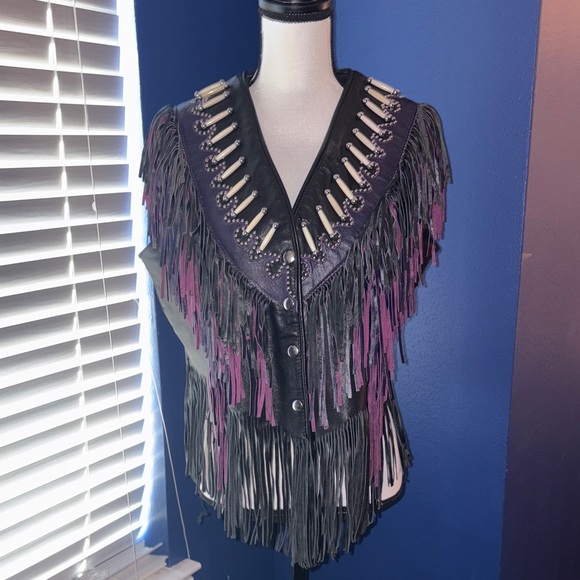 🟣 Western Wear by Shaf Leather Vest – Purple & Black Fringe, Bone & Silver Stud - Picture 2 of 14